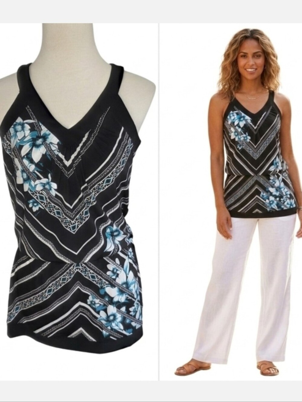 White House Black Market Floral V-Neck Sleeveless Tunic Top Women's Size XS